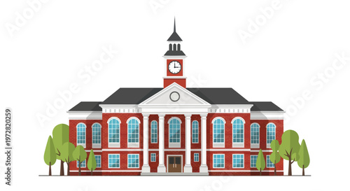 Classical public building with clock tower and trees