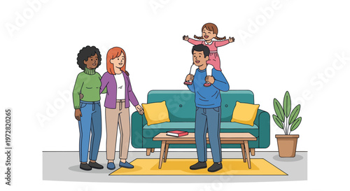 Happy diverse family spending time together in a modern living room vector illustration.