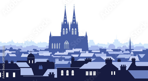 Minimalist blue vector illustration of a European city skyline with a Gothic cathedral.