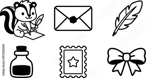 Cute chipmunk writing letter with quill pen and envelope icons