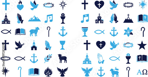 Christian religious symbols and icons collection flat design vector graphics.