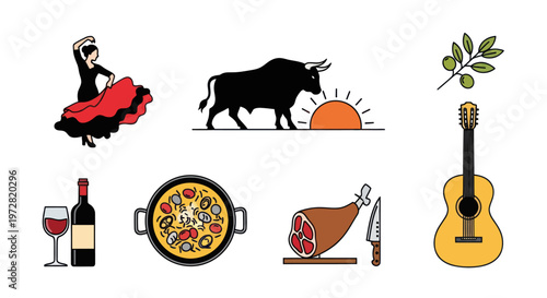 Set of traditional Spanish cultural icons and symbols on white background