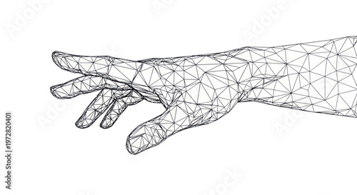 Wireframe digital hand reaching out on a white background, concept of technology and connection.