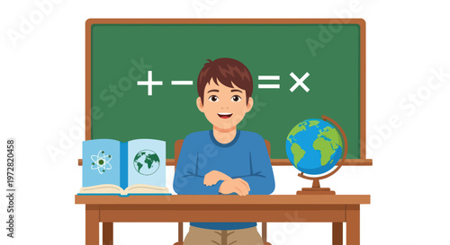 A young student sits at a desk in front of a blackboard with educational symbols.