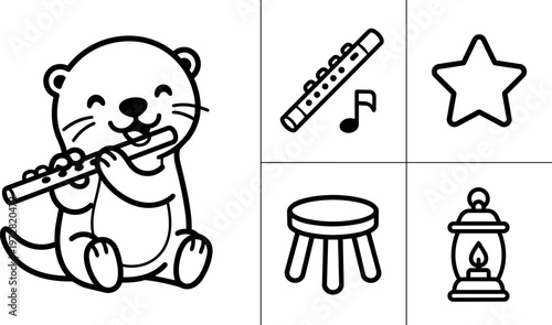 Black and white cute otter playing flute with stool star and lantern icons