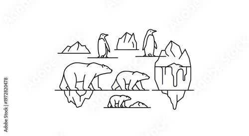 Minimalist illustration of polar bears and penguins on icebergs