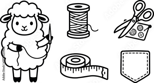 Cute sheep knitting with thread spool scissors buttons tape measure and pocket vector line art