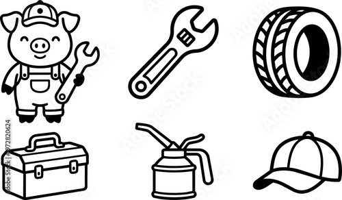 Cute pig mechanic holding wrench with toolbox oil can tire and cap icons line art