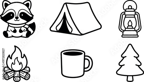 Black and white line art raccoon camping tent campfire lantern mug pine tree vector illustration