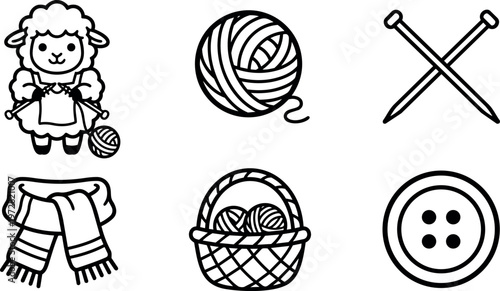 Black and white knitting sheep ball scarf basket and button line art vector