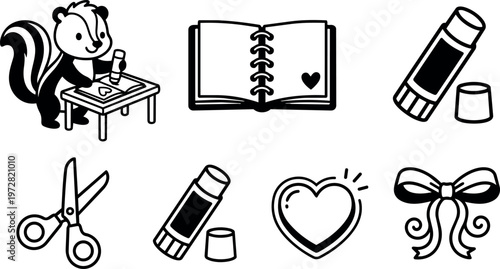 Black and white line art skunk coloring book heart glue stick scissors bow