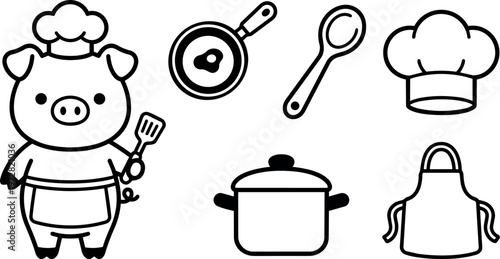 Cute pig chef with spatula frying pan spoon pot apron and chef hat vector line art