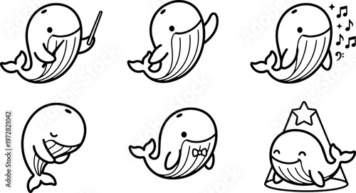 Six cute whales with diverse expressions and accessories