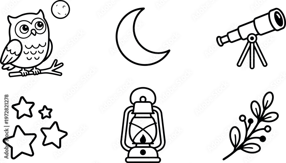 Naklejka premium Black and white line art owl moon telescope lantern stars and branch vector illustration
