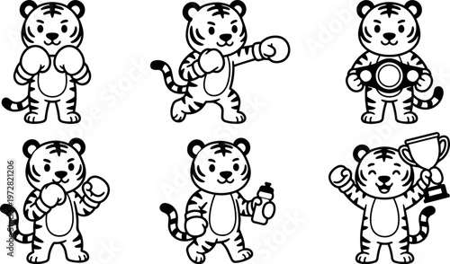 Cartoon tiger boxing character with gloves water bottle trophy