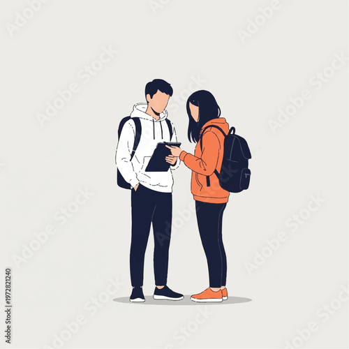 Two students discuss a device outdoors on campus grounds