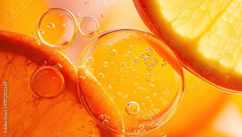 Macro shot of orange oil droplets and citrus slices in liquid.