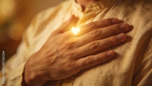 Man shows worship by placing hand over heart with light effect