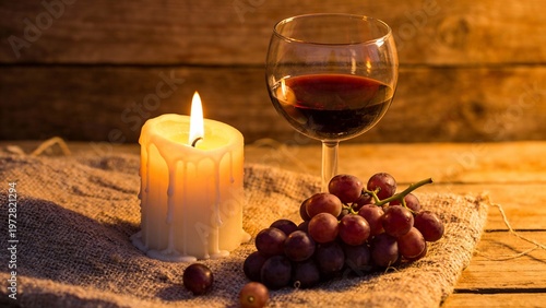 Cozy still life with wine, candle, and grapes on rough textile