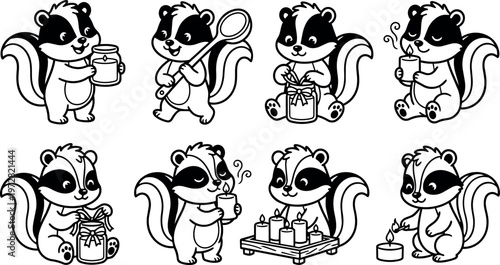 Cute black and white skunk holding candles and gift jars vector art