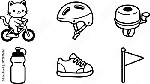 Black and white line art cat riding bike with helmet shoe bell water bottle and flag icons