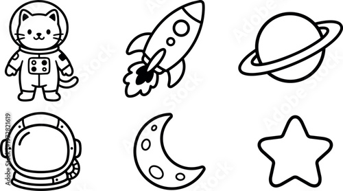 Cute cat astronaut rocket moon helmet planet and star line art vector