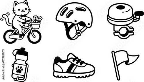 Black and white line art cat riding bicycle with flower basket helmet shoe water bottle bike bell and flag icons