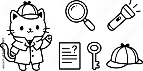 Cute detective cat with magnifying glass paper key and flashlight line art vector illustration