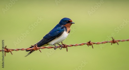 Small swallow bird with blue plumage perched on rusty barbed wire, green background