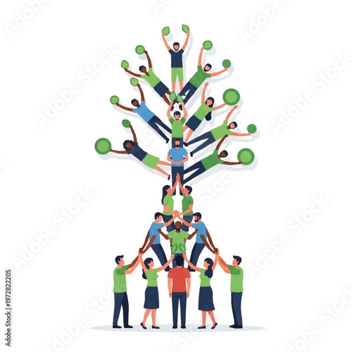 People are stacking on top of each other in a human tower formation outdoors.