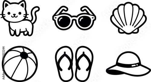 Black and white line art cat sunglasses seashell beach ball flip flops and sun hat icons