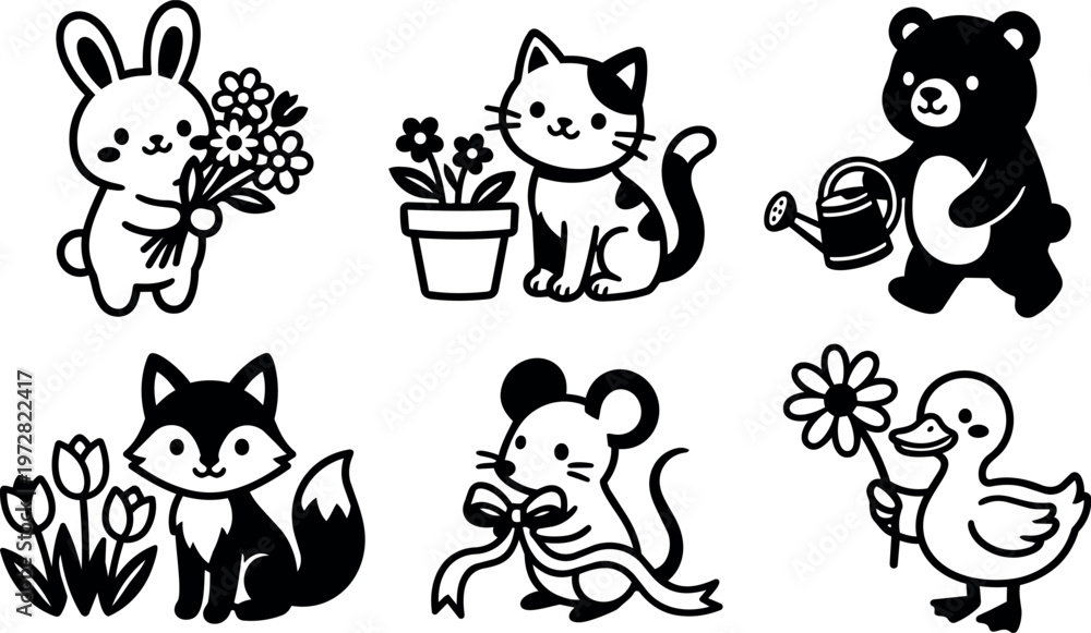 Obraz premium Black and white cute animal characters with flowers and watering can vector art