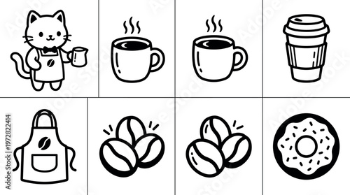 Black and white coffee beans donut cup cat barista apron vector art