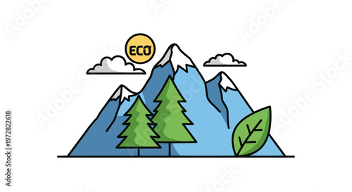 Eco friendly mountain landscape with trees.