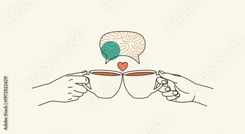 Two hands holding coffee cups together.