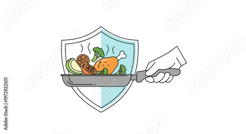 Hand holding shield with healthy food.