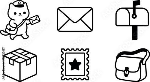 Black and white cute cat mail carrier with envelope and postal icons vector art
