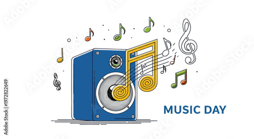 Blue Speaker with Music Notes Emitting Sound.