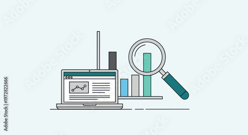 Laptop with magnifying glass and graph.