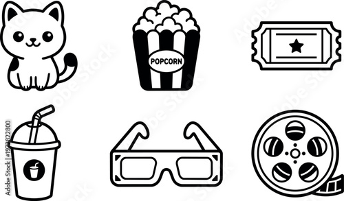 Black and white line art cat popcorn ticket drink glasses film reel icons