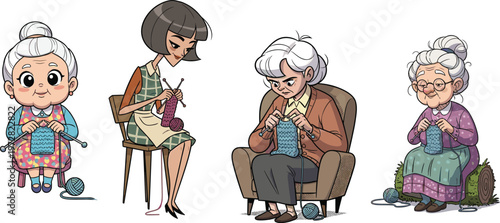 Cartoon women knitting, different ages, female characters with yarn and needles, relaxing hobby activity, handcraft, handmade wool art illustration.
