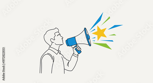 Man Speaking Through Blue Megaphone Loudly.