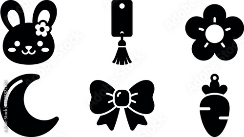 Cute bunny face with flower bow moon star tassel carrot flat vector icons