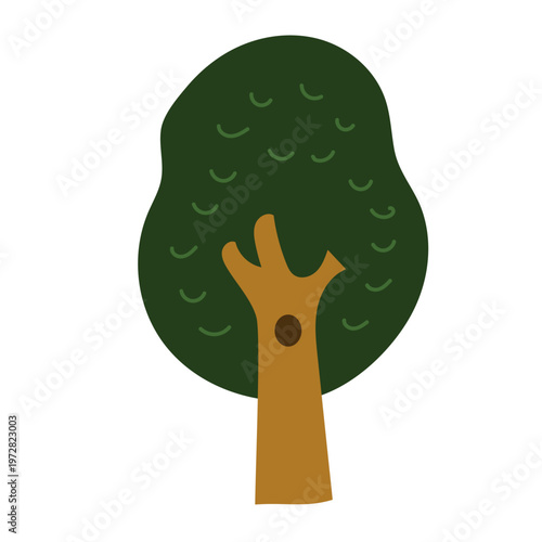 Green tree with hollow icon in flat hand-drawn style. Vector illustration of old forest tree with bird hole for nature design, wildlife education, woodland landscape, and kids fairy tale projects. Iso