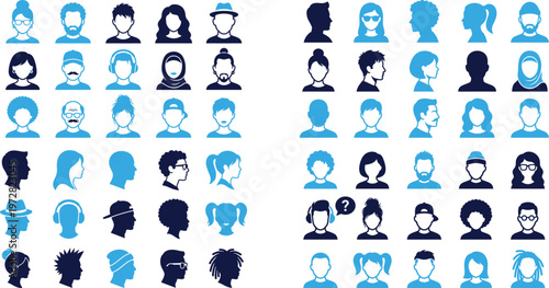Varied collection of people icons profiles and portraits in silhouette and outline.
