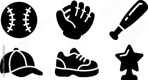 Black silhouette baseball ball bat glove cap shoe and star trophy icons