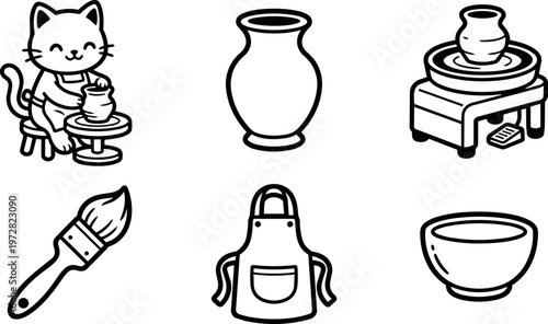 Cute cat shaping clay on pottery wheel with brush apron and bowl