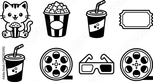 Black and white cute cat eating popcorn with movie tickets 3d glasses and drinks