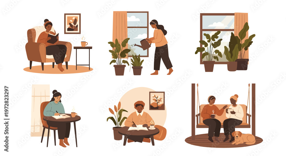 Fototapeta premium People reading books and drinking tea cozy home lifestyle