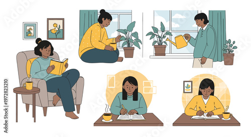 People reading books and drinking tea cozy lifestyle illustration